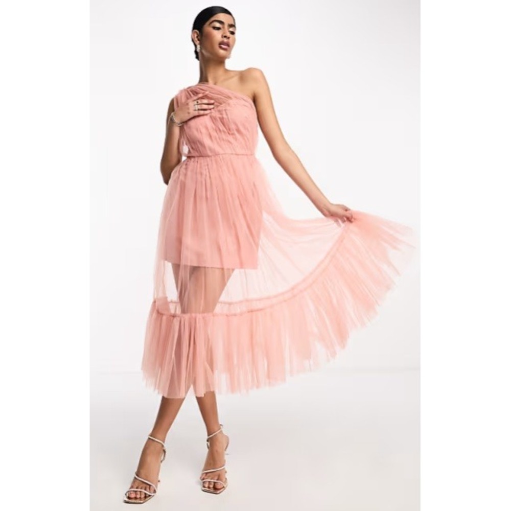 Lace & Beads Dress Women's 10 Blush Pink Arleth One Shoulder Tulle Midi Formal
